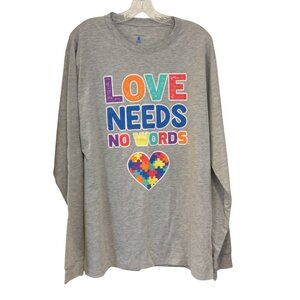 Autism Speaks Ladies XL Long Sleeve Gray Tee LOVE NEEDS NO WORDS Puzzle Heart